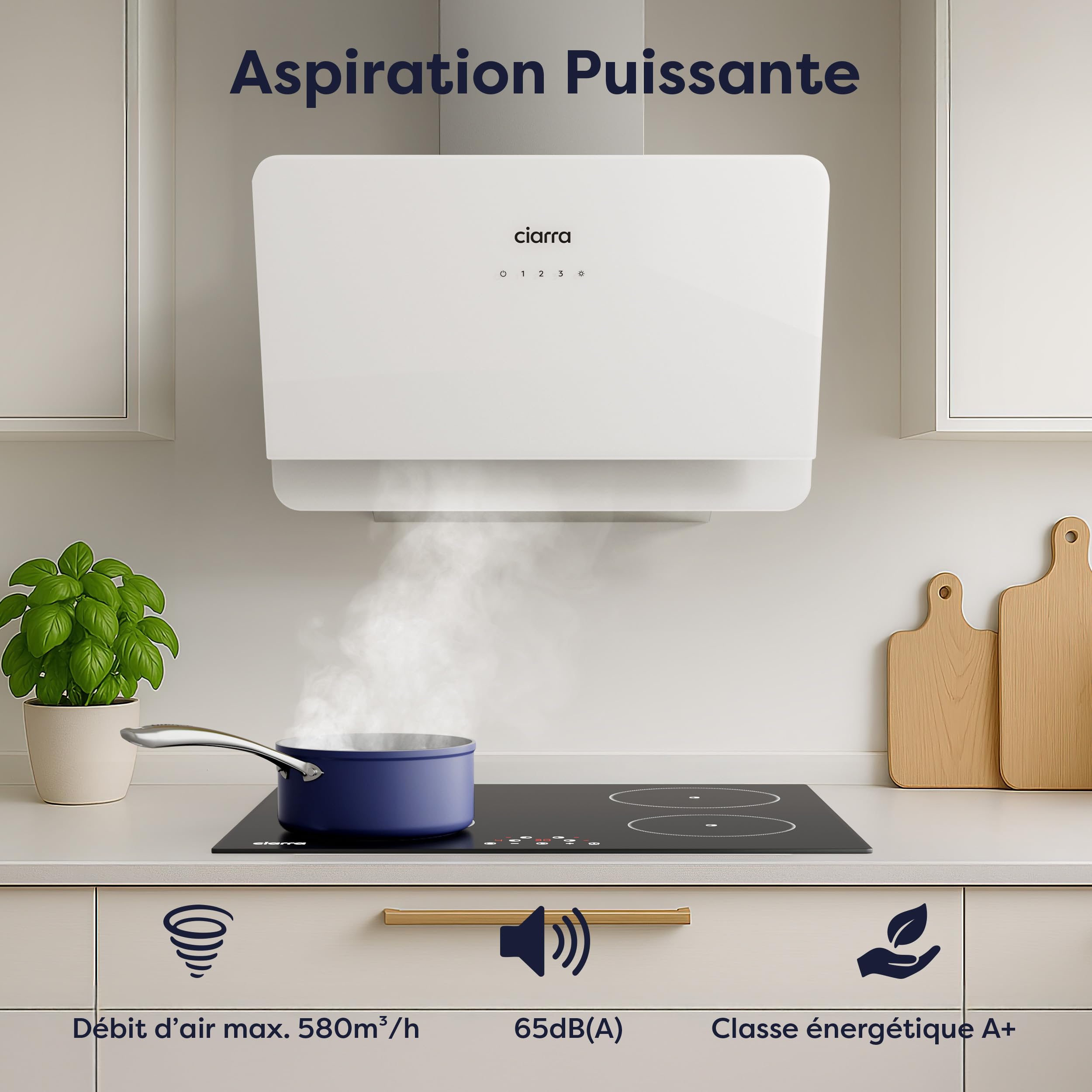 CIARRA CBCS6765C Hotte Inclinée Murale 60cm Classe A+ 580m³/h avec Filtre à Charbon CBCF055, 3 Vitesses, Écran Tactile, Évacuation & Recyclage, Verre et Inox -Blanche