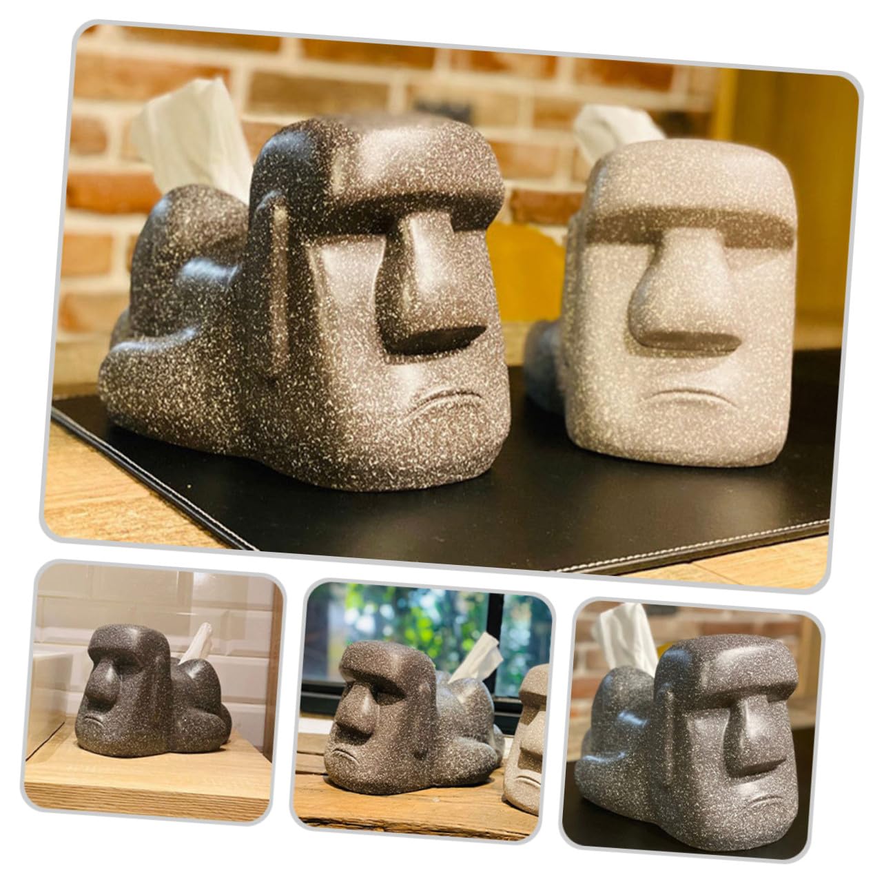 LALAFINA Kreativer Moai Taschentuchhalter aus Kunstharz Dekorativ und Praktisch für Badezimmer und Wohnzimmer Einzigartiges Elegantes Design in Schwarz