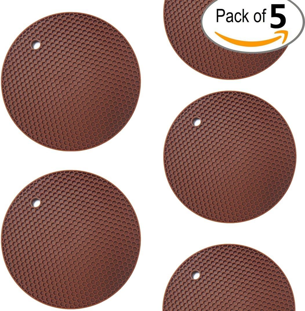 5 in 1 Multipurpose Silicone Kitchen Tool: Trivets, Pot Holders, Spoon Rest, Jar Opener, Safety Food Grade Set of (5) Premium, Coaster ★ Heat Resistant Pot Holder ★Thick & Flexible ★ Great Gifts for Her
