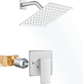 Heyalan Shower Faucet Set with Valve, Bathroom Rainfall Shower System, Wall Mount Single Handle Shower Trim Kit, Rainfall Fixed Shower Head, 8 Inch Square Shower Head,Polished Chrome