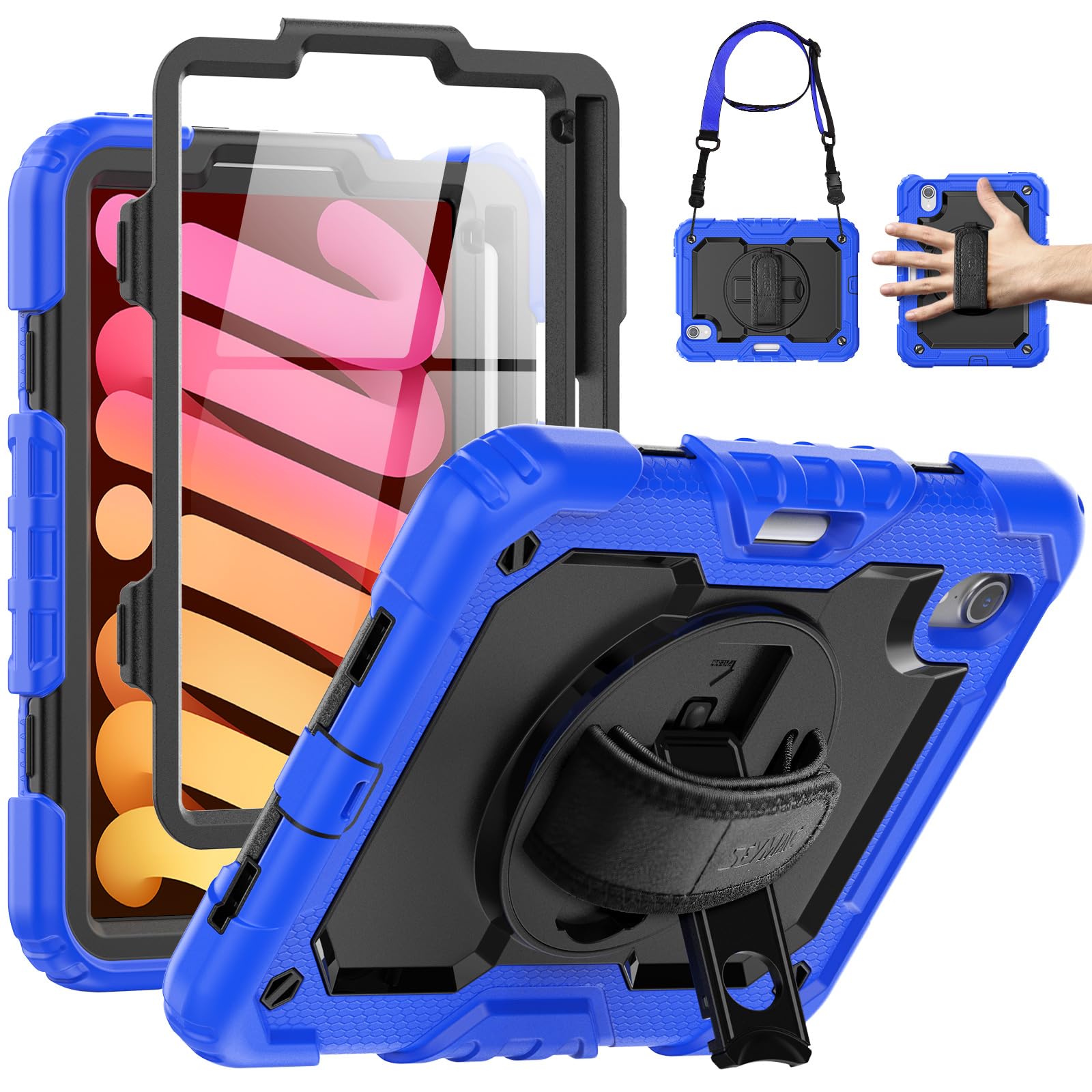 SEYMAC Case for iPad Mini 6 Case 8.3 Inch, Sturdy Heavy Duty Full-Body Shockproof Protective Case with Screen Protector, 360° Rotating Stand, Hand/Shoulder Strap for iPad Min 6th Generation, Blue