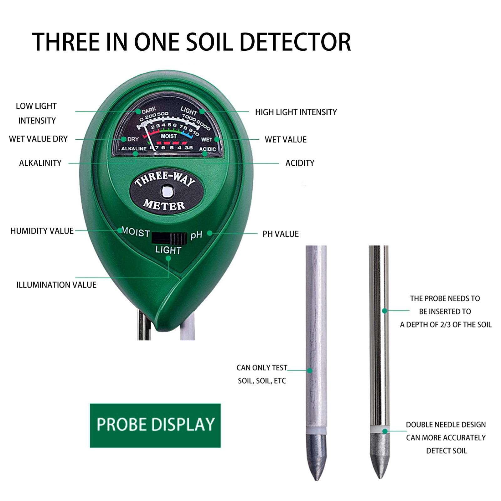 3-in-1 Bodentester Gelb - Feuchtigkeit, PH-Wert & Licht Messen