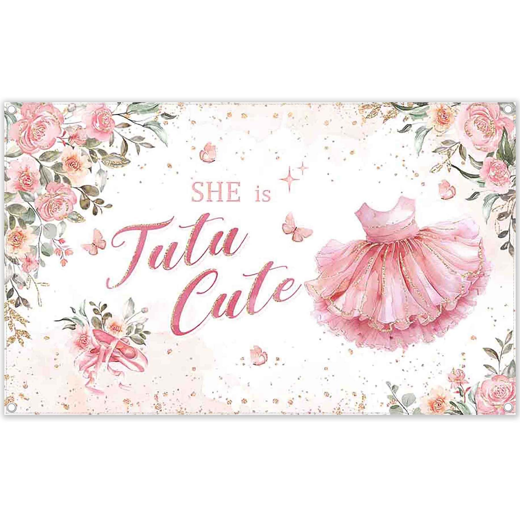 Swepuck 72x43inch Tutu Cute Backdrop 2nd Birthday Girls Pink Floral Ballet Skirt Golden Dots Photography Backdrop Kids Party Decorations Photo Banner
