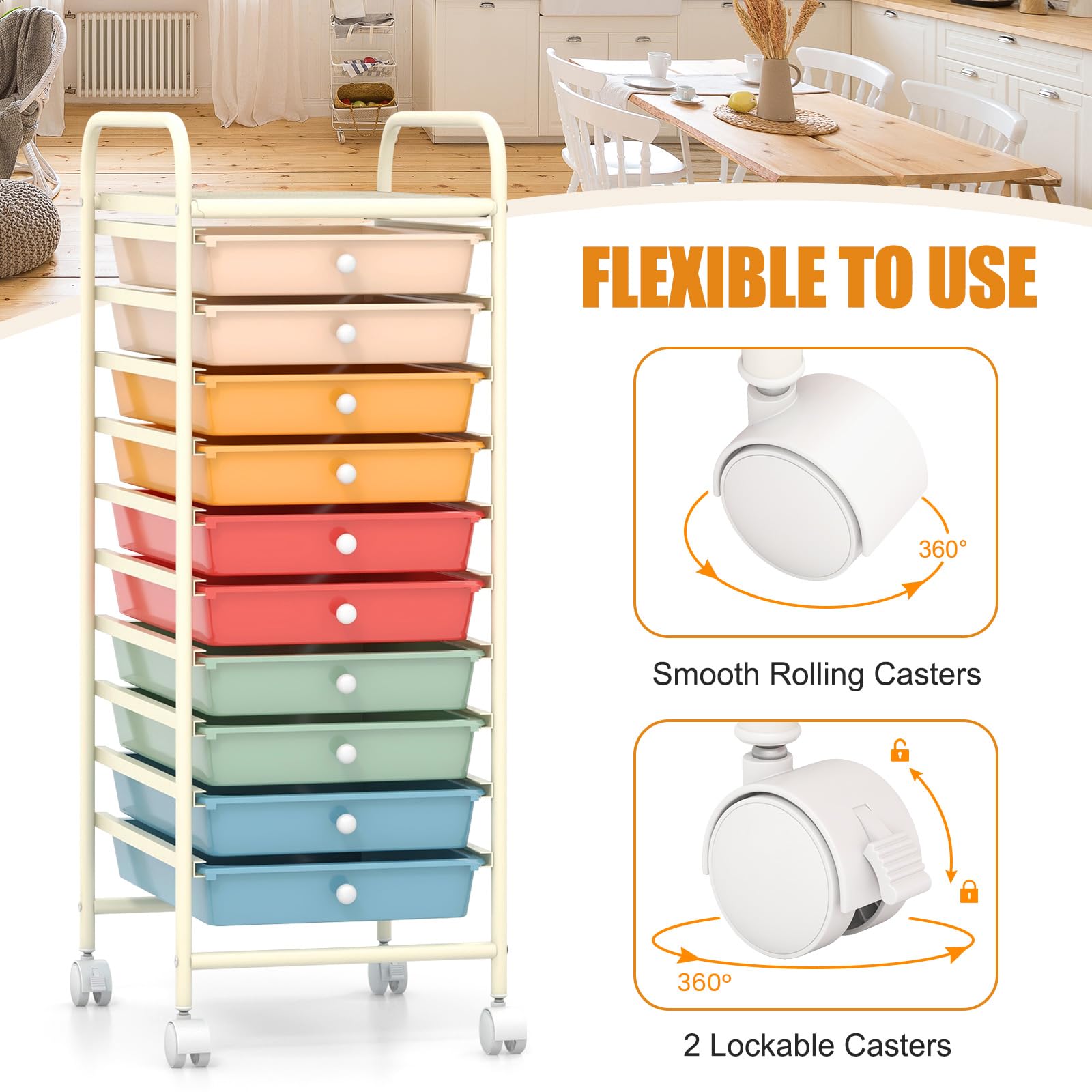 GIANTEX Opbergwagen met 10 laden, rek met 4 wielen (2 met remmen), kunststof wagen met metalen frame, organizer voor kantoor, keuken, badkamer, 33 x 37 x 86 cm (kleurverloop