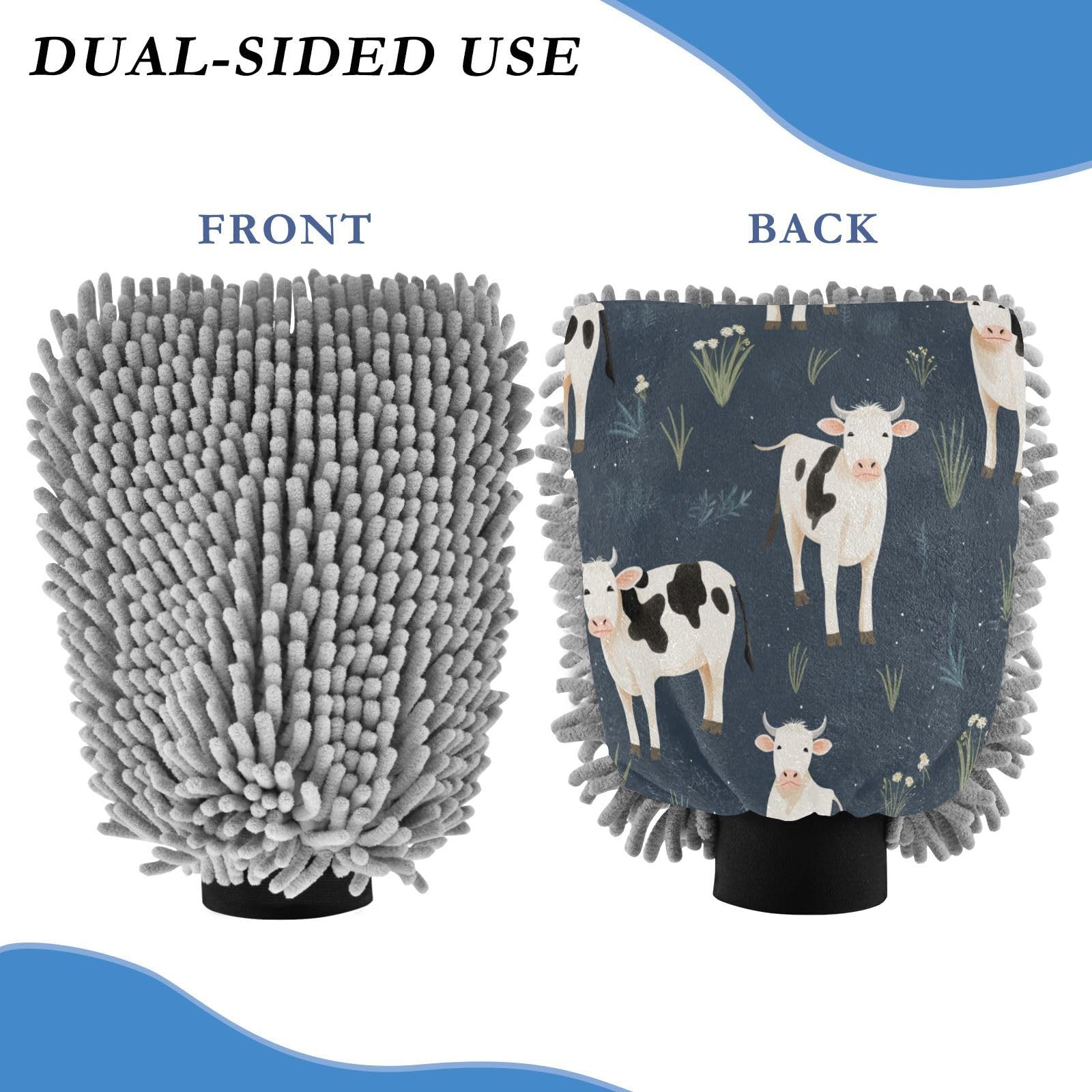 ALAZA Cute Cow Car Wash Mitt Scratch Free, 2 Pack Absorbent Microfiber/Chenille Washing & Drying Mitts, M