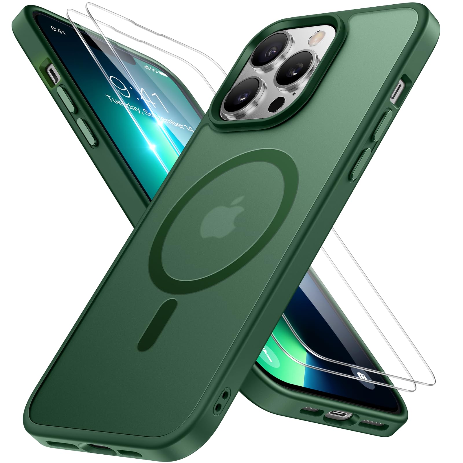 miracase Magnetic Series Designed for iPhone 13 Pro Case [Compatible with MagSafe] [with 2X Screen Protectors] Anti-Fingerprint, Magnetic Phone Case for iPhone 13 Pro 6.1 inch - Dark Green