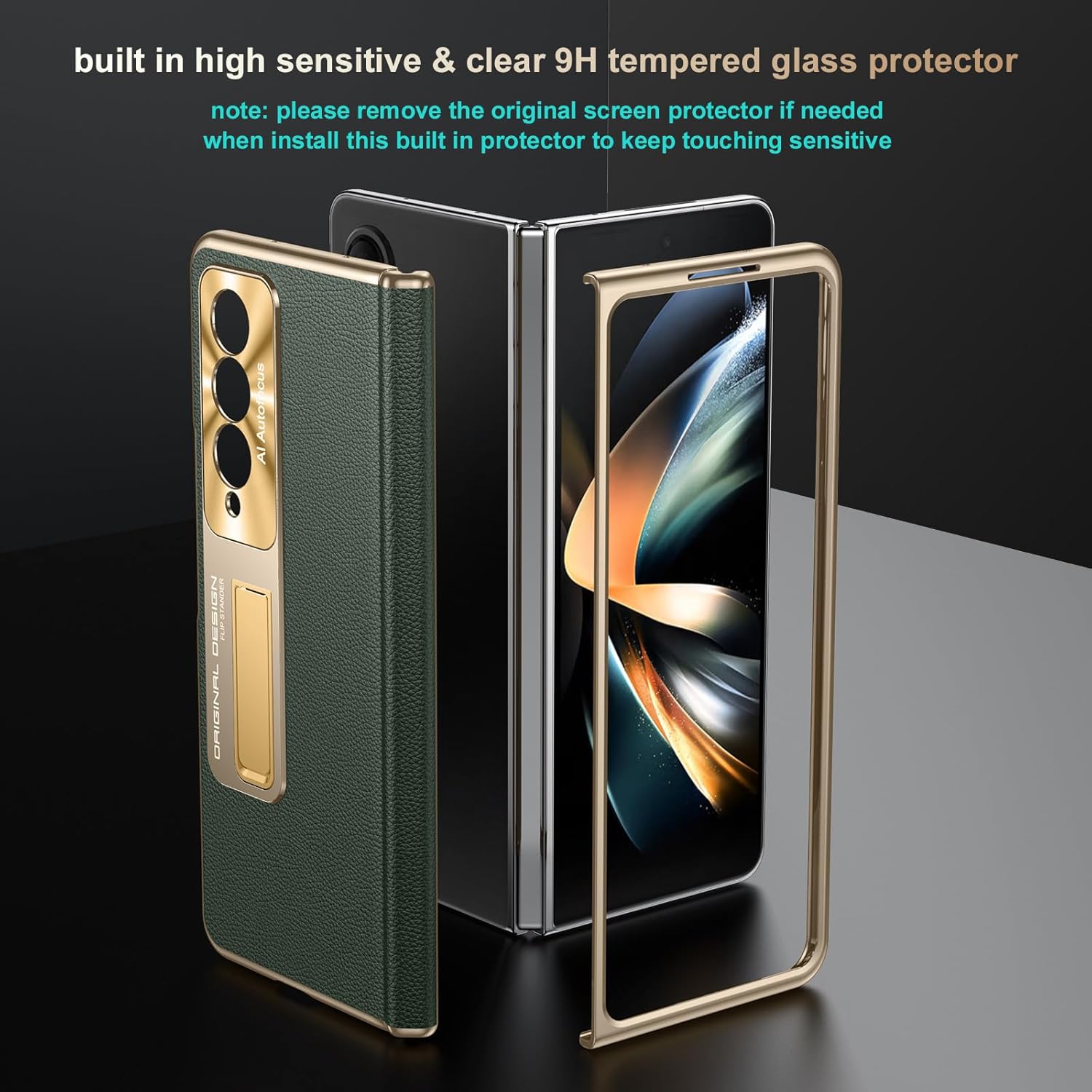 for Samsung Galaxy Z Fold 4 Case, Electroplated Frame, Luxury Leather Back, Full Magnetic Hinge Protective, Screen Protector, Metal Stand, Thin & Slim Stand Phone Cover 5G 2023, Green
