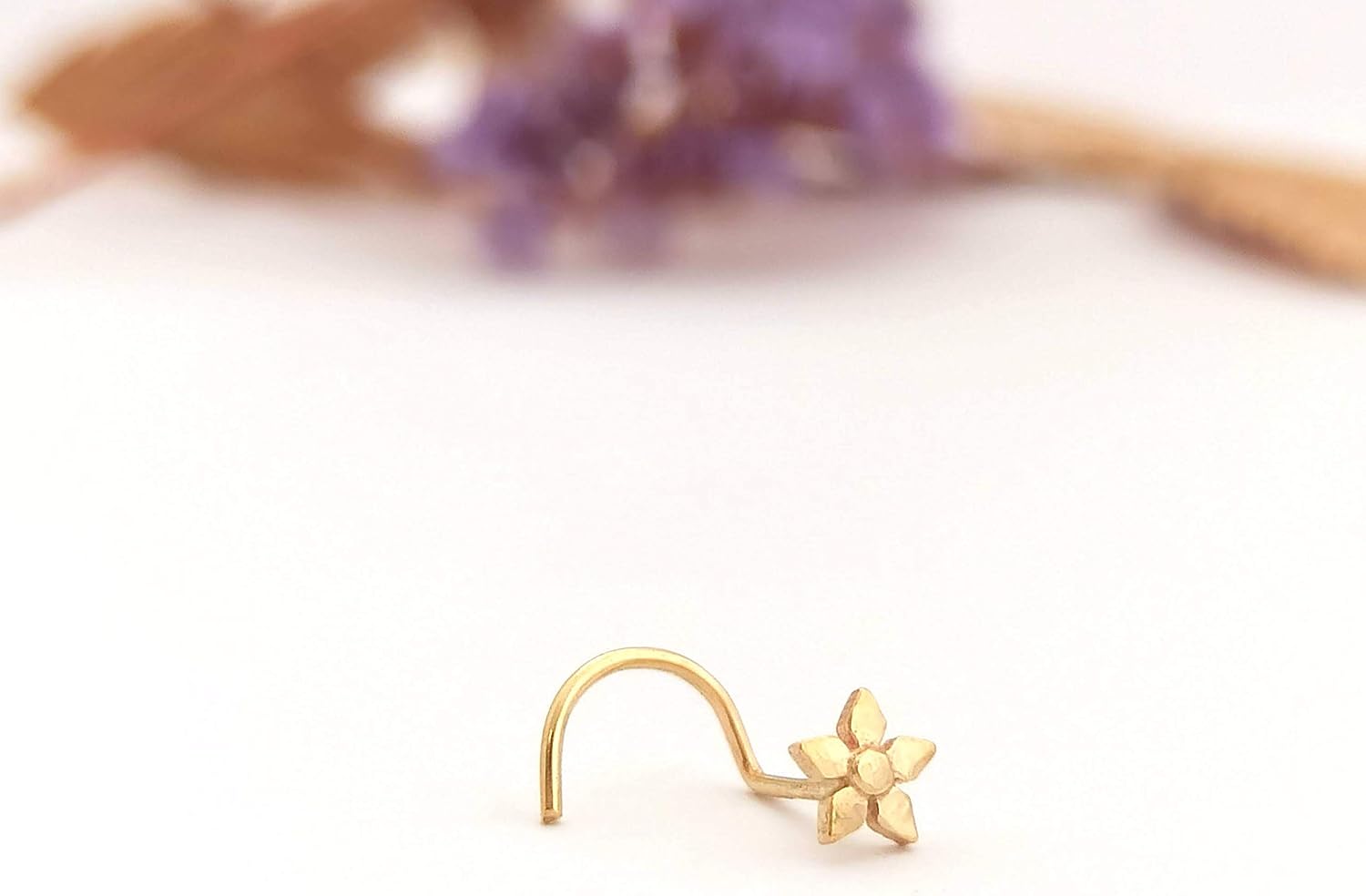 Gold flower Nose Stud, 14k Solid Yellow, White or Rose Gold Tiny Cute Piercing Nose Stud, Indian Minimalist Artisan Handmade Tribal Boho Piercing Nature Jewelry, L Shaped or Screw Bend, 22g, 20g, 18g