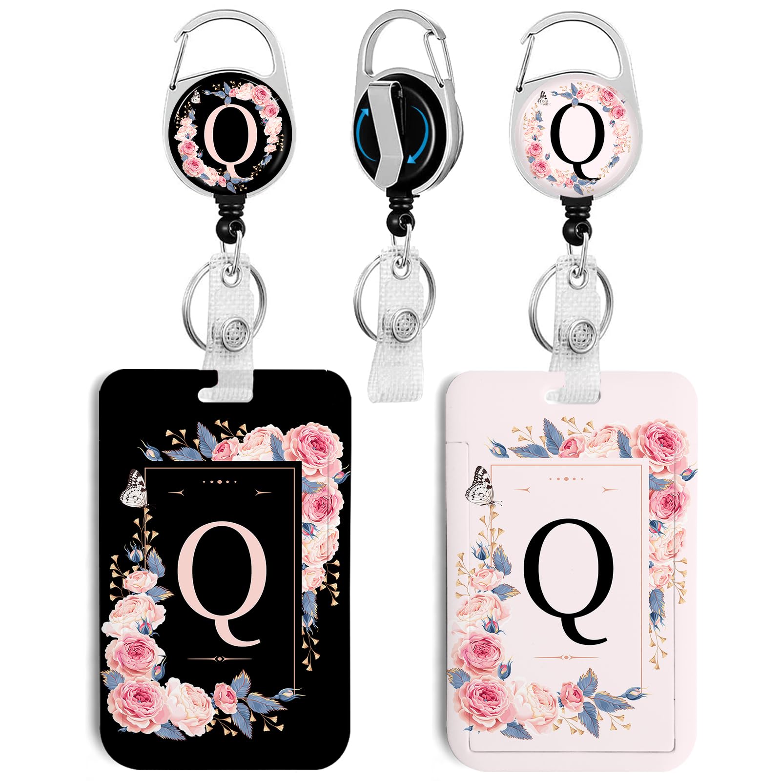 2 Pack A-Z Letter ID Badge Holder with Clip Badge Reels Retractable Heavy Duty,Keychain，ID Holder for School Nurse Office Q