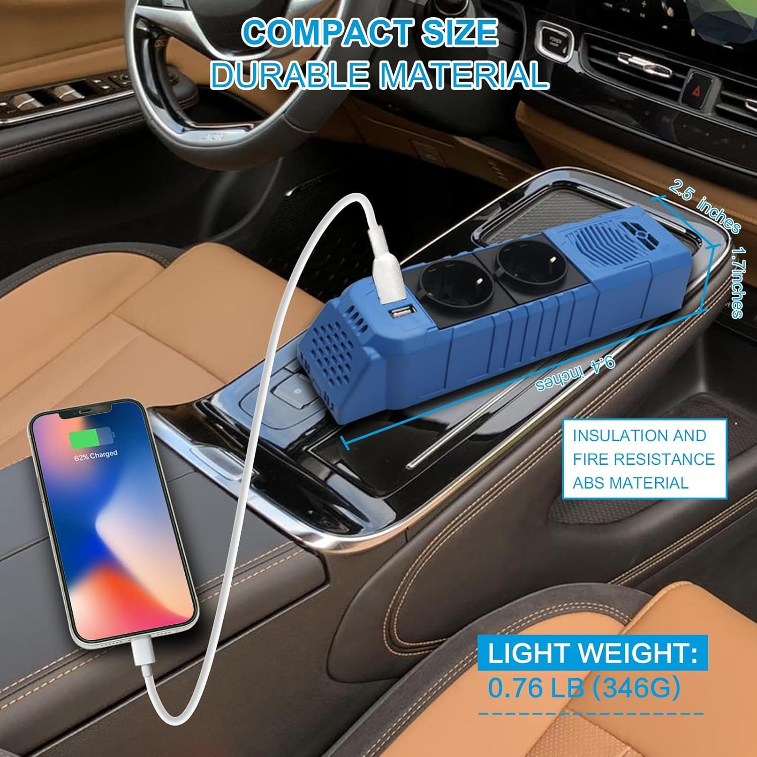 BYGD Convertisseur 12v 150W, Prise Allume Cigare Transformateur de Tension avec 2 Ports USB et 2 Prises EU Electrique pour Auto, Phone, Tablette, Ordinateur, Camping (Bleu)