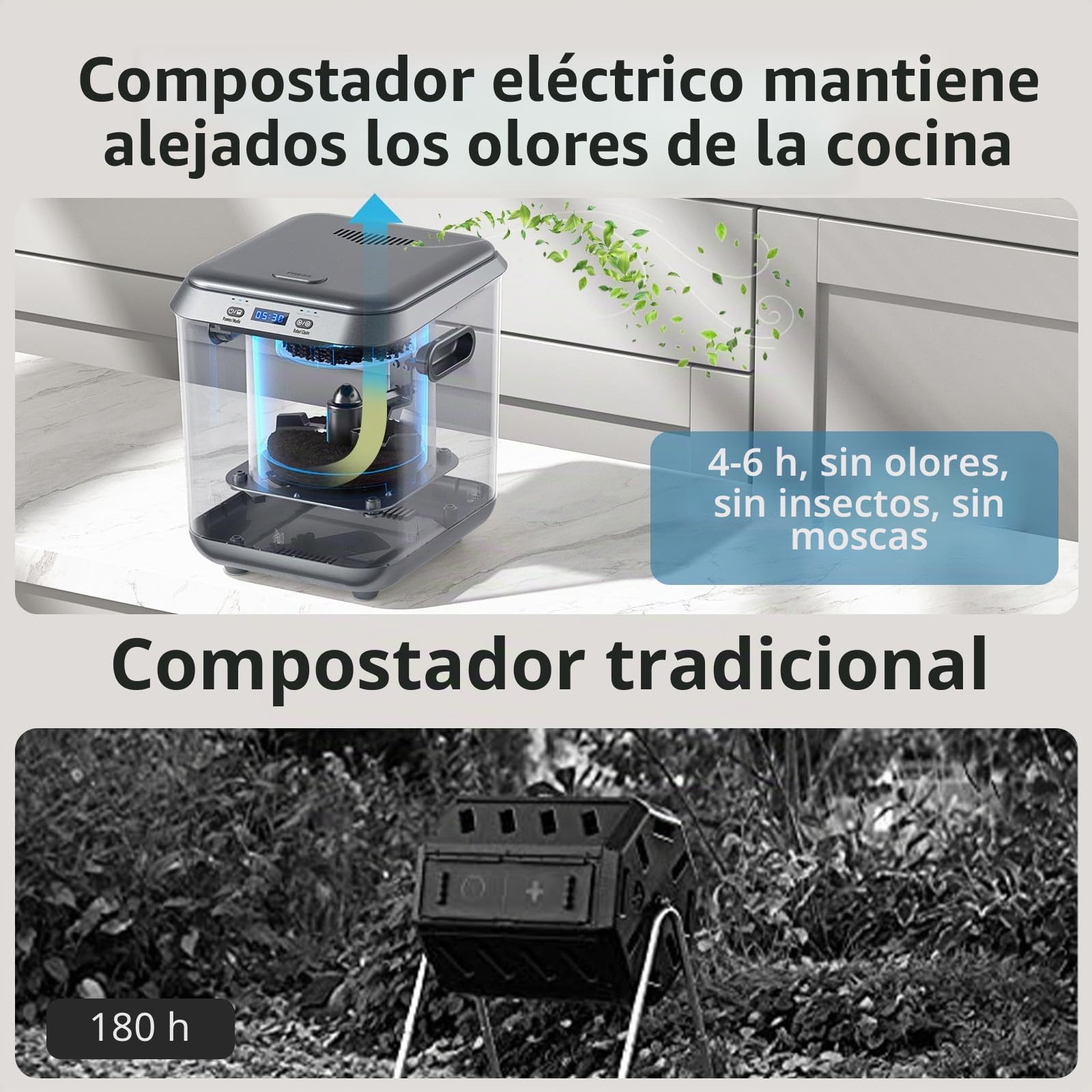Compostador eléctrico para cocina: contenedor de abono inteligente, sin olor, limpieza automática, pantalla LED, contenedor de compostaje automático