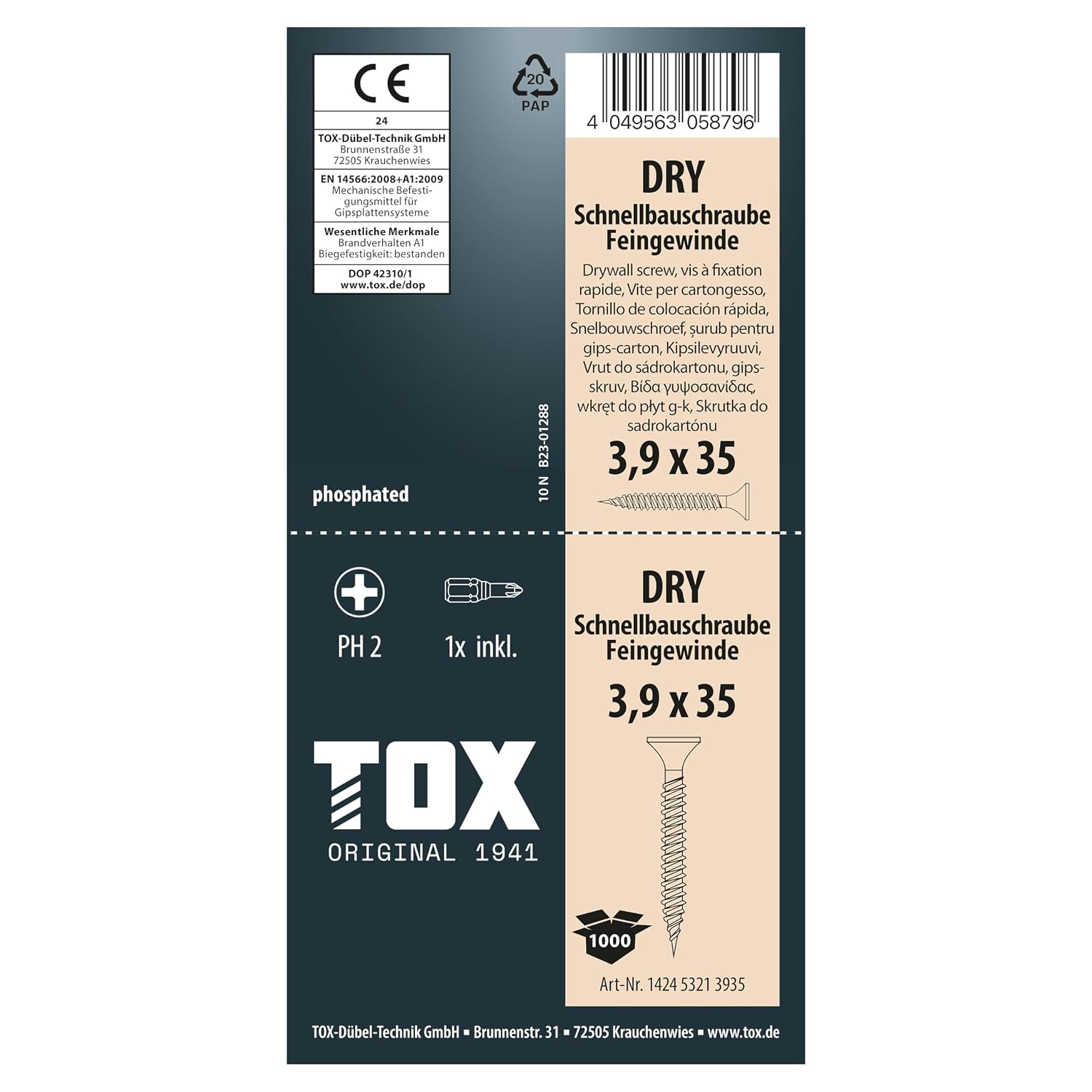 TOX Drywall Screws 3.9 x 35 mm, Black Phosphated Screws with Trumpet Head + Fine Thread, Plasterboard on Metal Substructure, PH2, 1000 Pieces, Includes 1x Bit, 142453213935