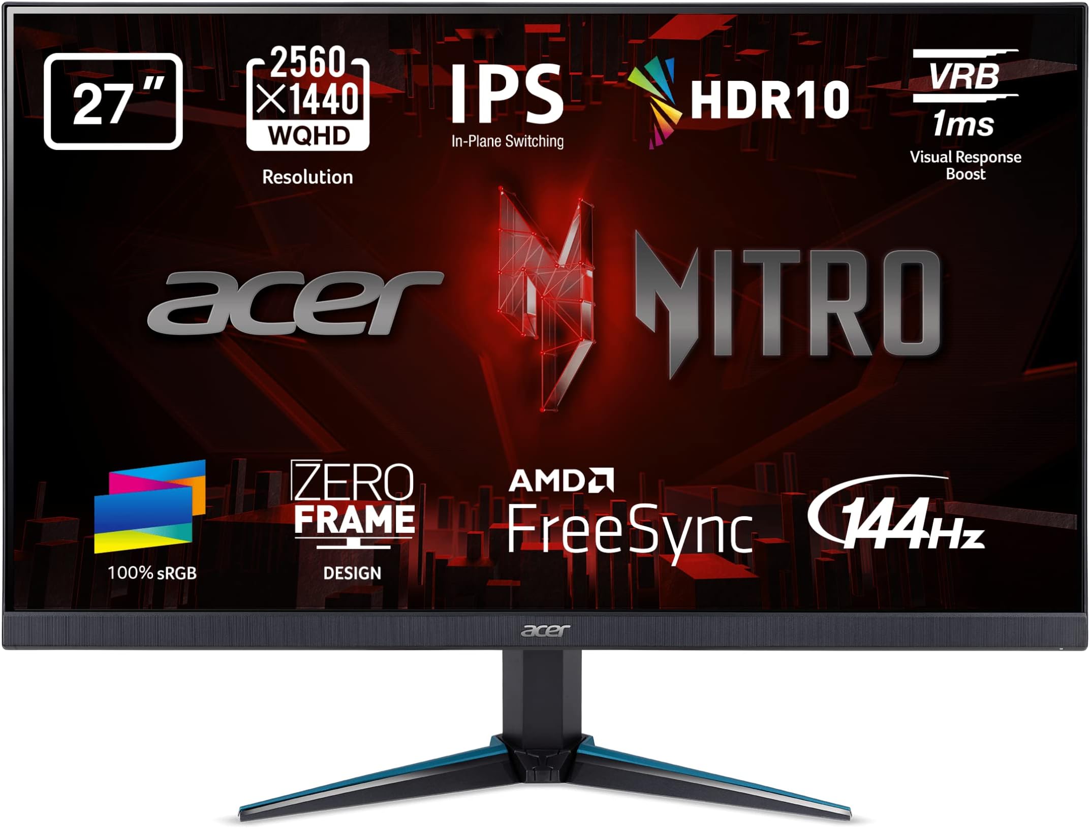 Acer Nitro VG270UPbmiipx 27 Inch Quad HD Gaming Monitor, (IPS Panel, FreeSync, 144 Hz, 1 ms, ZeroFrame, DP, HDMI, Speakers) Black