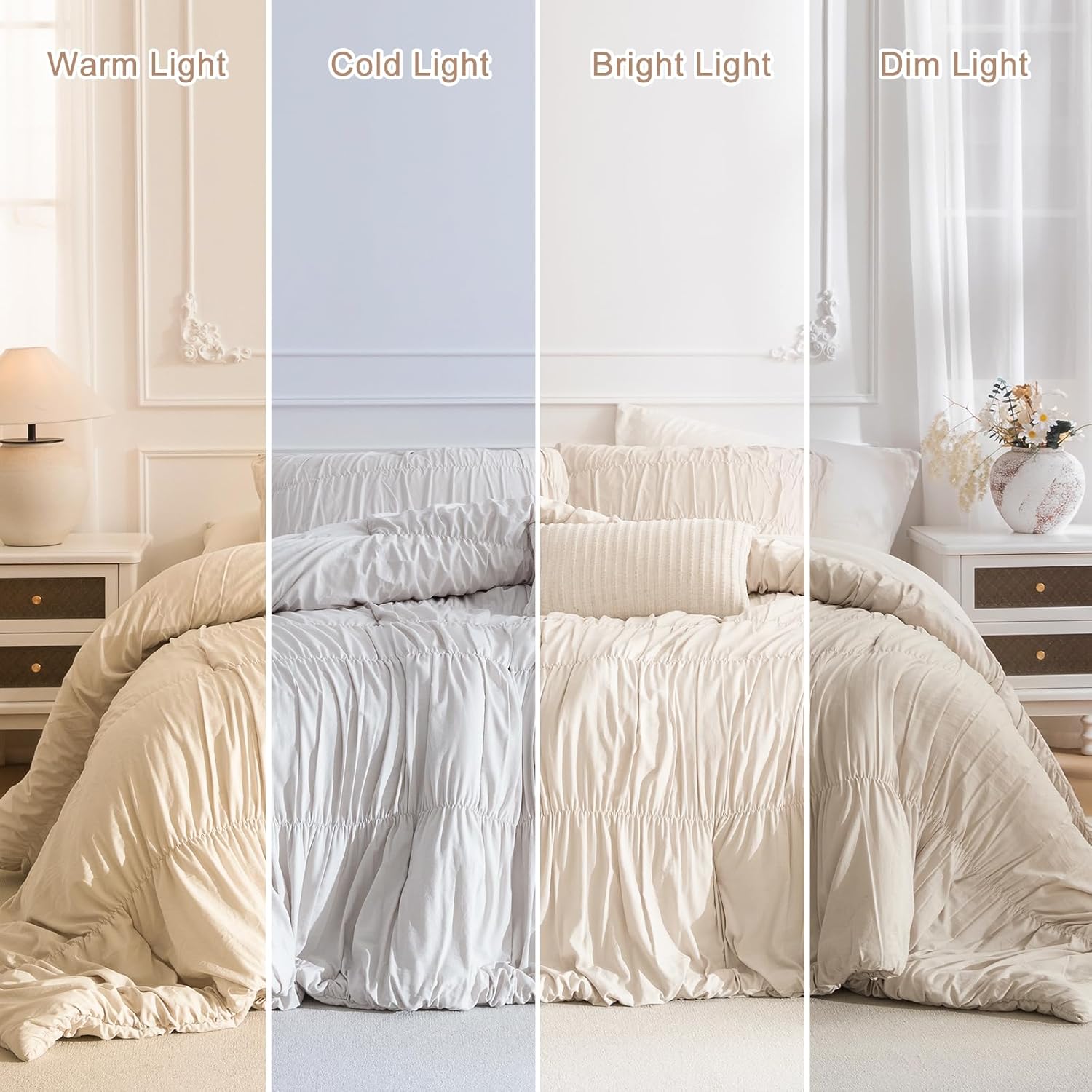 Masaca Oversized Comforter King Size(120"x120"),Lightweight Ruched Ruffle Bedding Comforter Set,3 Pieces Wheat California King Microfiber Shabby Boho Chic Bedding Set for All Season
