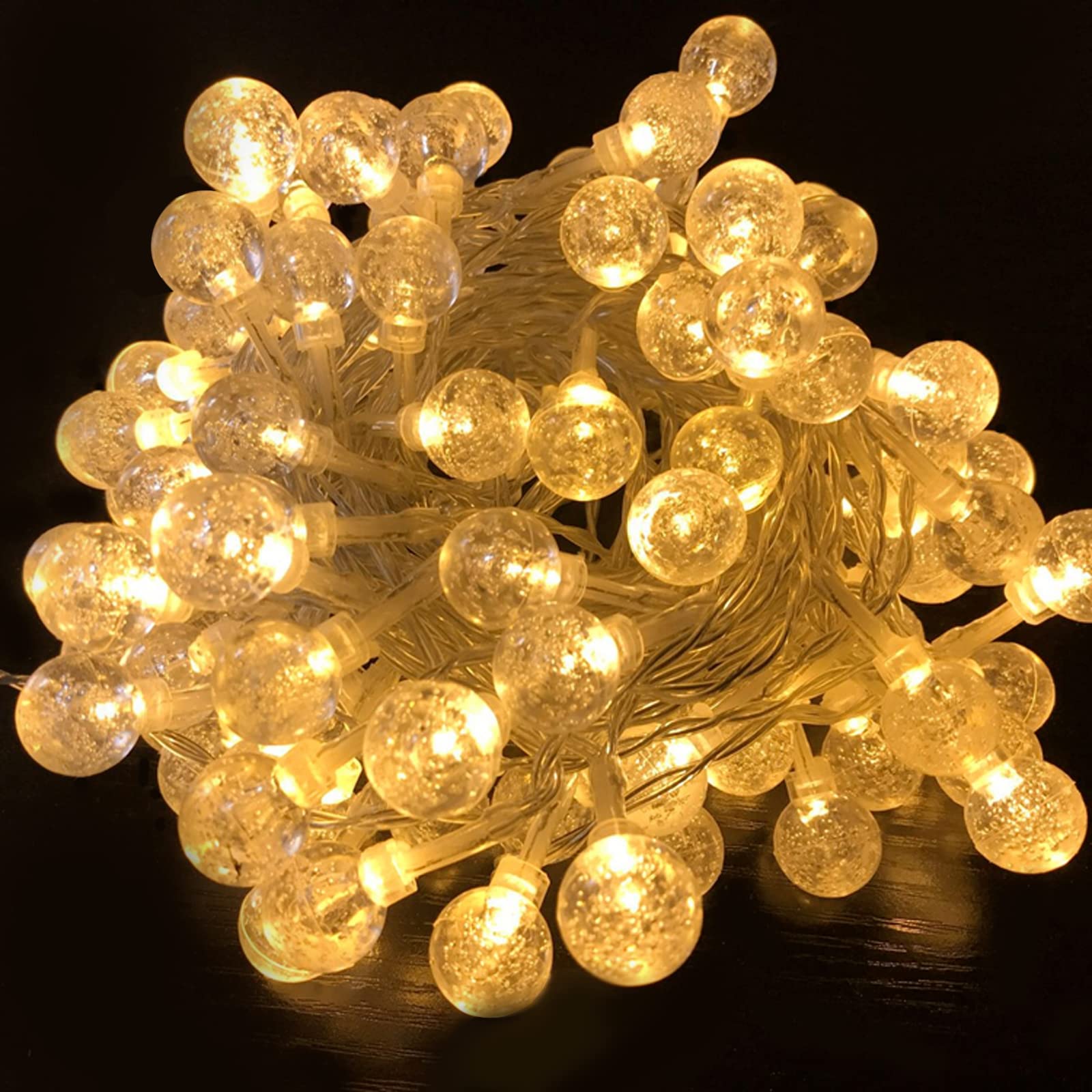 Aufun 30m 240 LED cadena de luz de bola de cristal blanco cálido, 8 modos IP44 a prueba de agua, para jardín, patio, fiesta, balcón (30m, cable transparente)