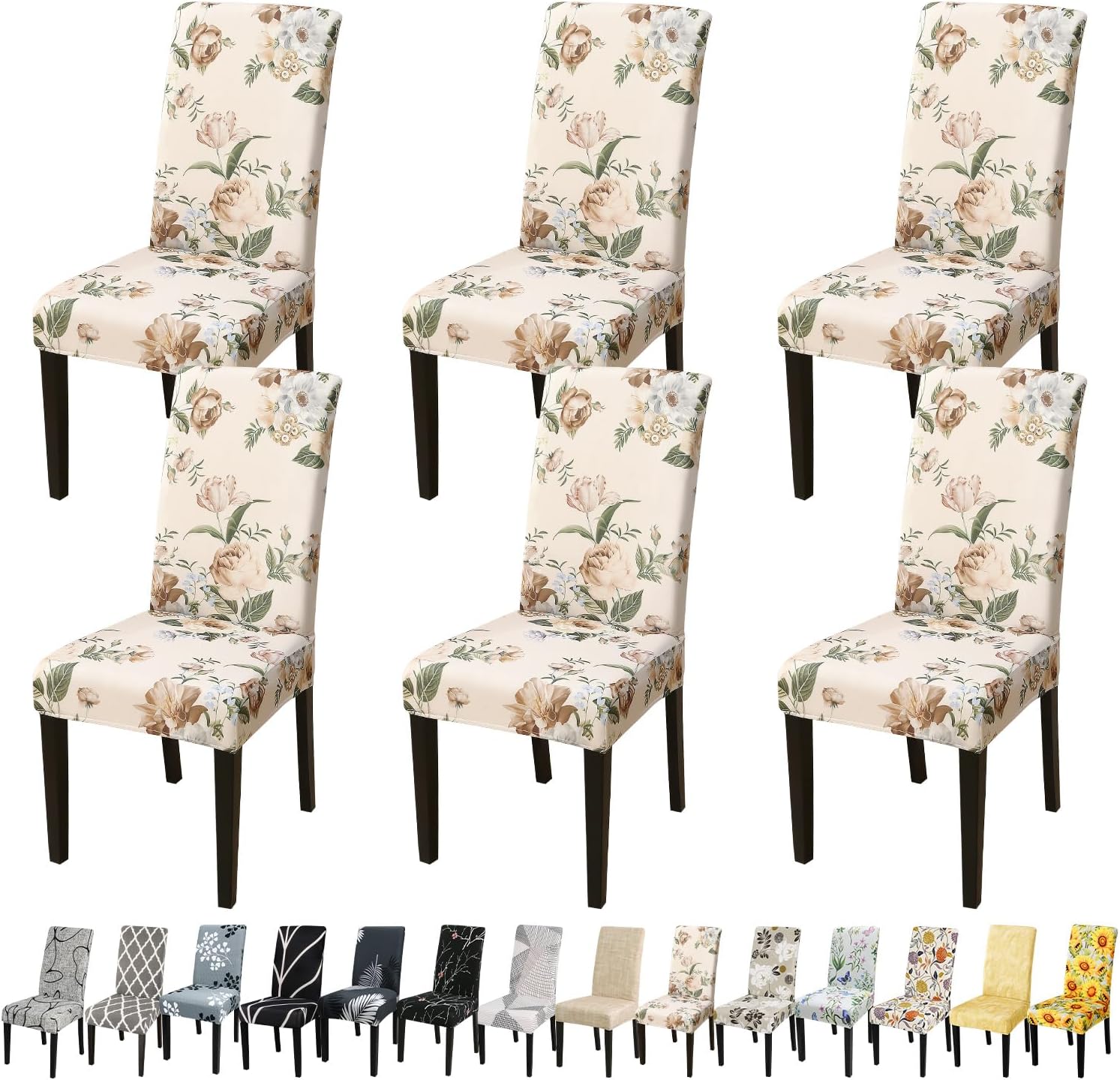 JQinHome Pattern Chair Covers for Dining Room Set of 6, High Stretch Removable Washable Parsons Chair Slipcover for Home Party Hotel Wedding Ceremony (Peony Flower,6PCS) Pack of 6 C016 Peony