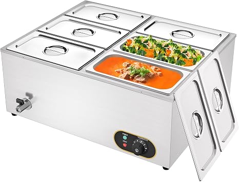 Commercial Food Warmer,Stainless Steel Bain Marie Buffet Warmer 1500W,Temperature Range 30-85  C,GN 1/3 x6 Pans with Lids,Drain Tap