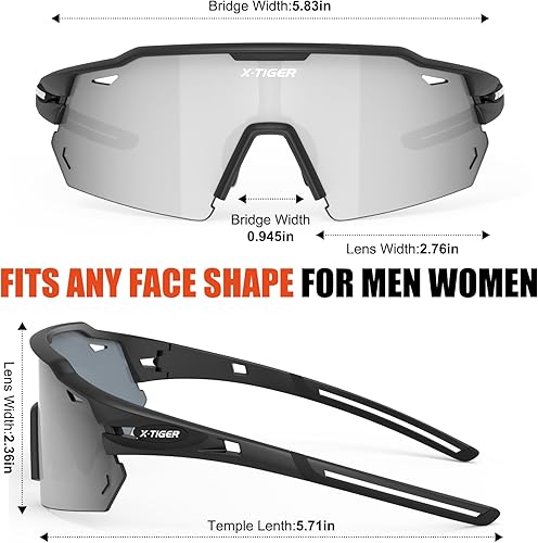 Miniatura 7 de X-TIGER Gafas de ciclismo polarizadas con 5 lentes intercambiables, MTB para ciclismo, béisbol, carrera, lentes deportivos para hombres y mujeres