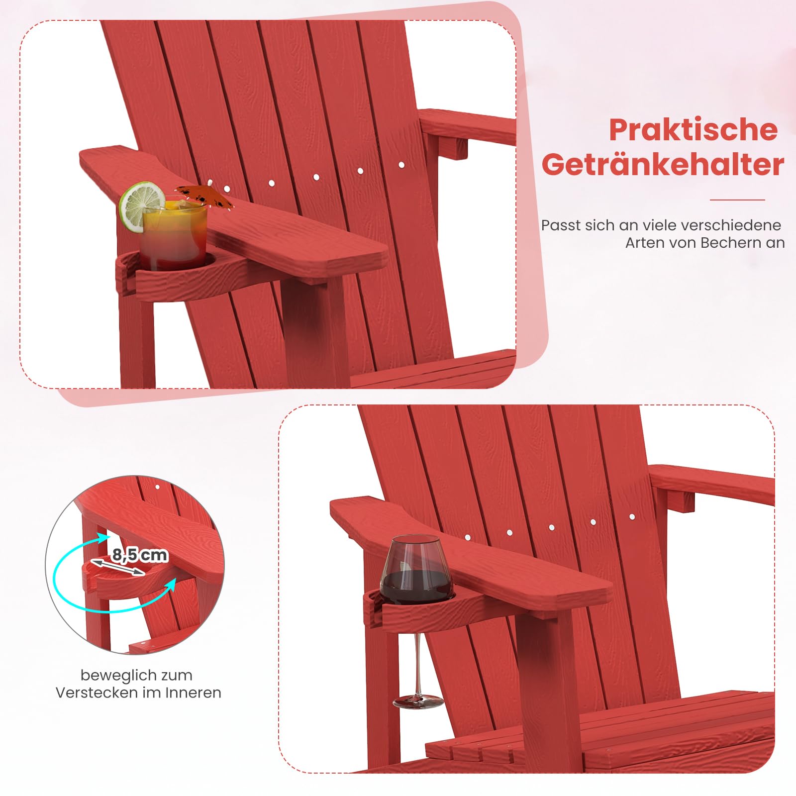 GOPLUS Adirondack Stuhl, Gartenstuhl ergonomisch mit Armlehnen, Hochlehner & Getränkehalter, Outdoor Stuhl wetterfest bis 150kg belastbar für Garten Hof Terrasse Balkon (Rot)
