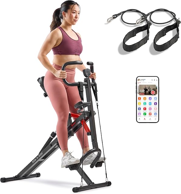 Sunny Health & Fitness Row-N-Ride PRO, Full Body Combo Squat Machine w/Optional Resistance Band, Easy Setup Ab Workout Exercise Equipment for Home, Whole Body Cardio, Optional SunnyFit App Connection