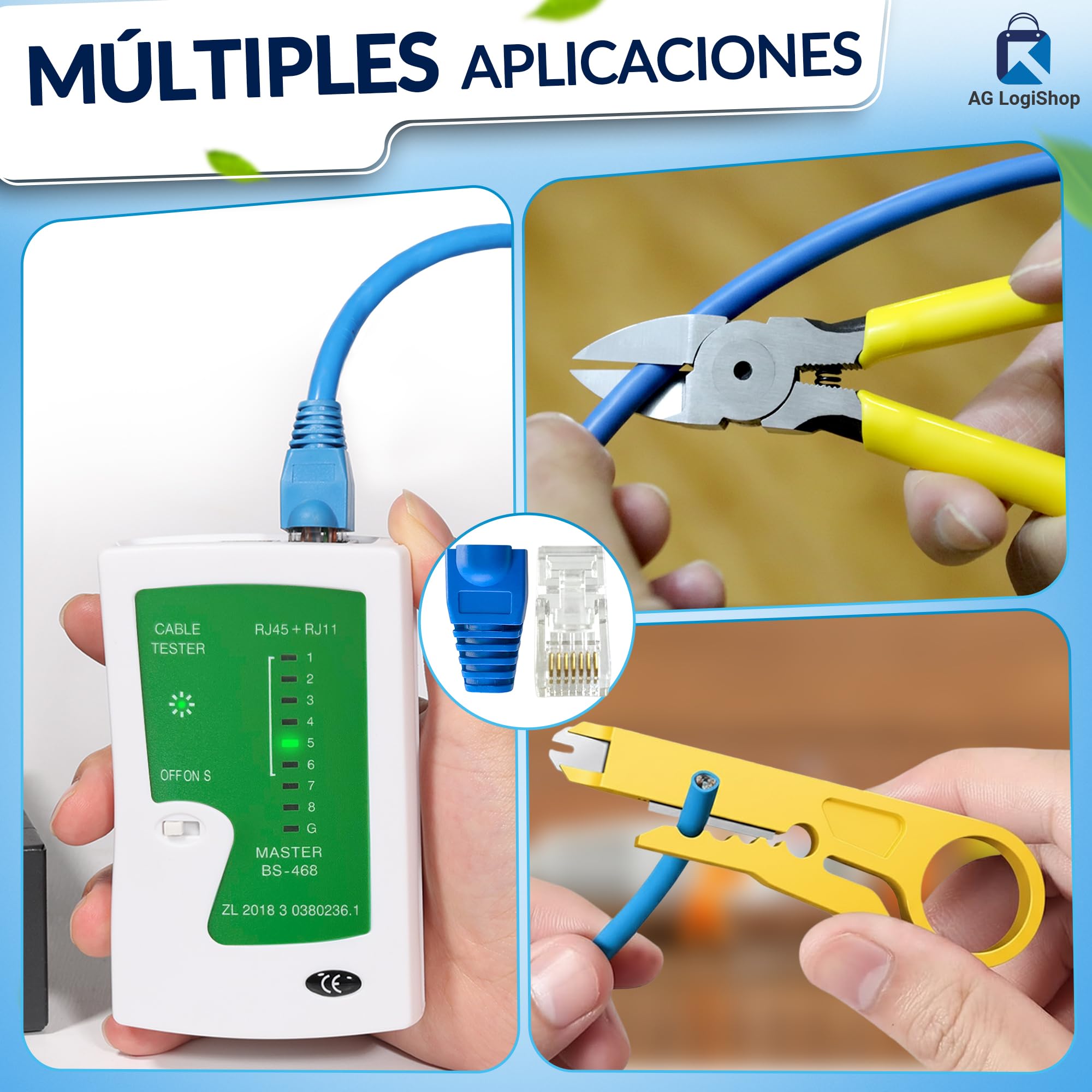 AG LogiShop Kit Herramienta de Crimpado RJ45 + Alicates + Pelacables + Comprobador de Conexión + 50pc Conectores + 50pc Fundas + Bolsa de Almacenamiento | Cat5/5e/6/7 + 6P/8P