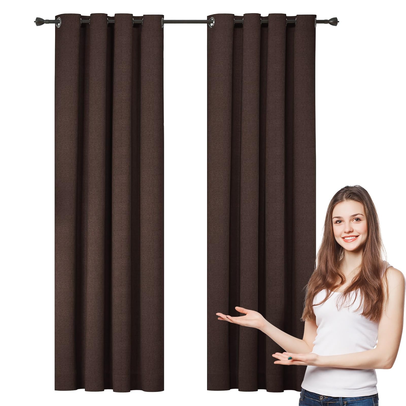 Verdunklungsvorhänge mit Ösen 70 x 130 cm Sonnenschutz Schalldämmung, Verdunklungsvorhänge Gardinen mit Ösen, mit Raffhalter für Schlafzimmer Wohnzimmer, Braun
