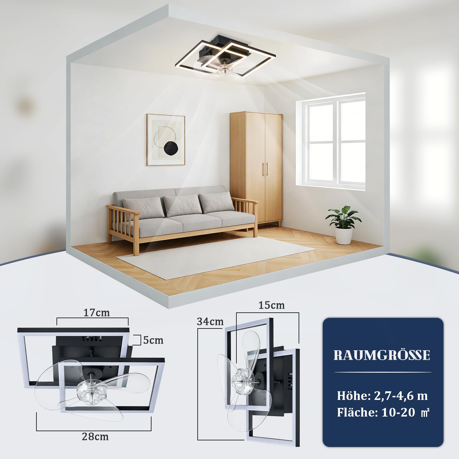 Homefire Ventilador de techo con luz - LED lampara Ventilador techo silencioso y mando a distancia negro 3000-6500K Dimmable moderno ventiladores de techo 6 velocidades motor DC para Dormitorio