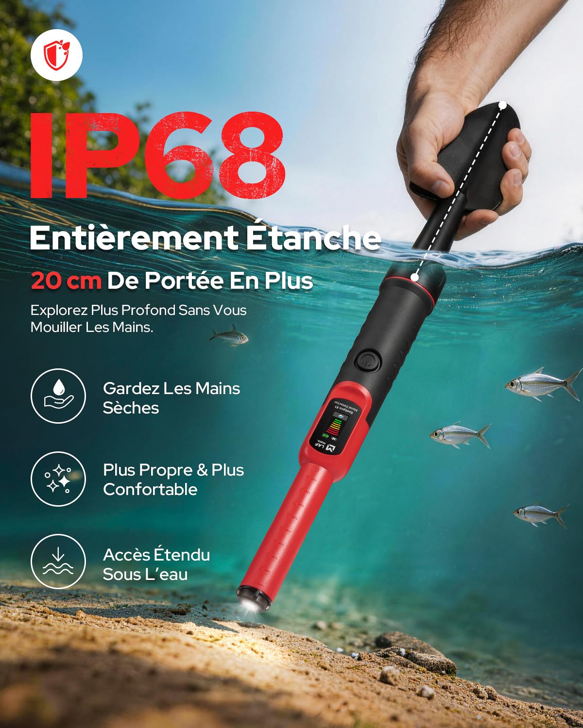 2-en-1 Détecteur de Métaux Pinpointer avec Pelle de Fouille, Détection 360°, Étanche IP68, 3 Niveaux de Sensibilité, Alerte Sonore et Vibration, pour Adultes et Enfants Chasse au Trésor