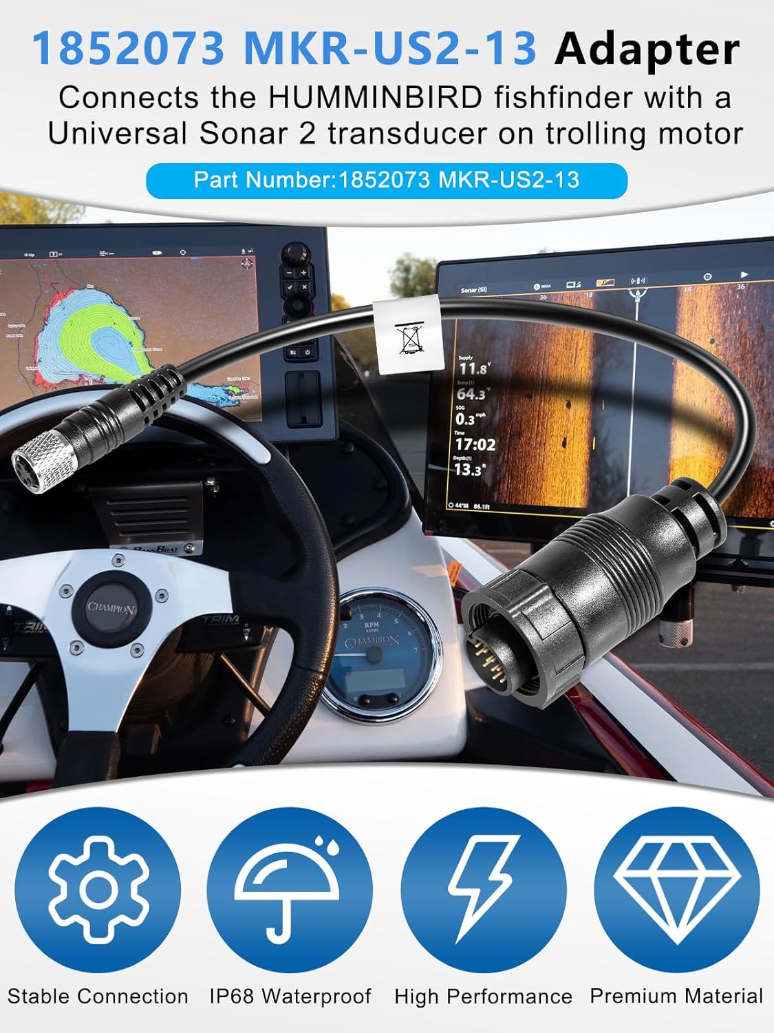 Replacement for 1852073 MKR-US2-13 Universal Sonar 2 Adapter Cable for Trolling Motors to HUMMINBIRD XPLORE, APEX, SOLIX, Onix Chartplotter and Fishfinder