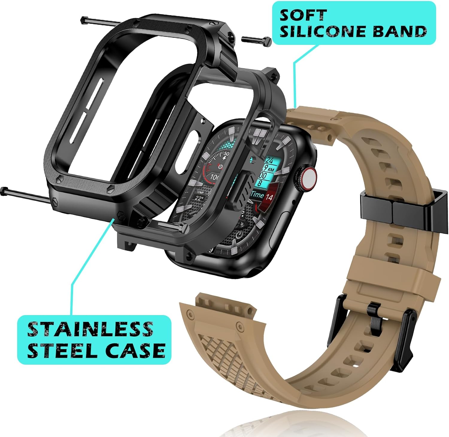 Band with Stainless Steel Case Compatible with Apple Watch Series 9 8 7 45mm Band, iwatch Bands Rugged Metal Protective Cover for Men (Tan)