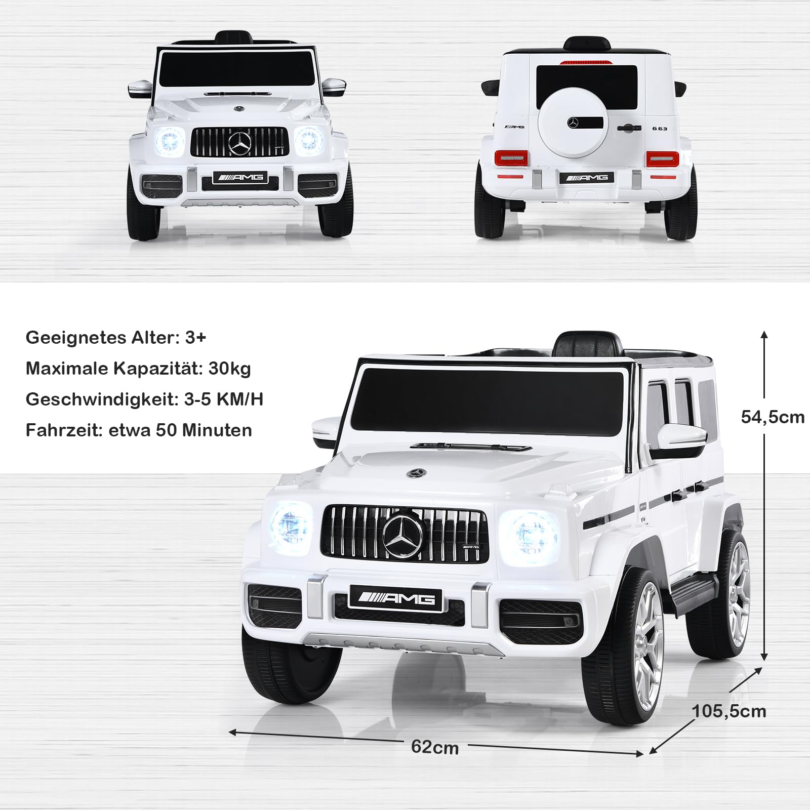 GOPLUS Coche eléctrico de 12V Mercedes Benz G63, vehículo infantil con control remoto de 2,4G, luces LED y faros, coche infantil 3-5 km/h, para niños de 3 a 8 años, hasta 30 kg (Blanco)