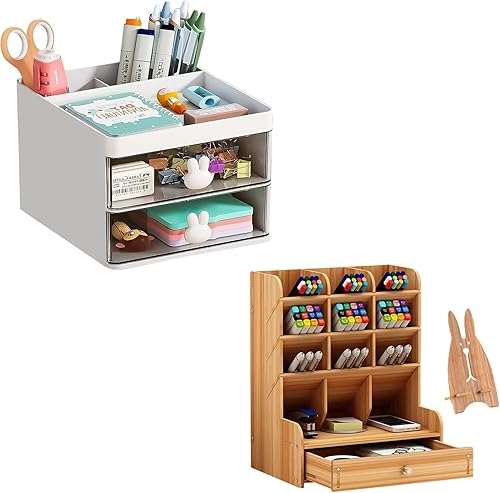 Marbrasse Organizador de escritorio pequeño con cajón, organizador de escritorio de madera