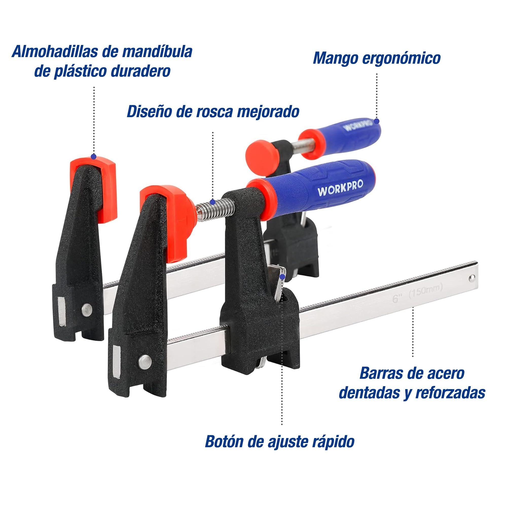 WORKPRO Juego de Sargento de Barra, 4PC Sargento de Tornillo, Abrazaderas de Liberación Rápida de 150 mm y 300 mm, Set de Sargentos para carpintería de potencia 272 KG
