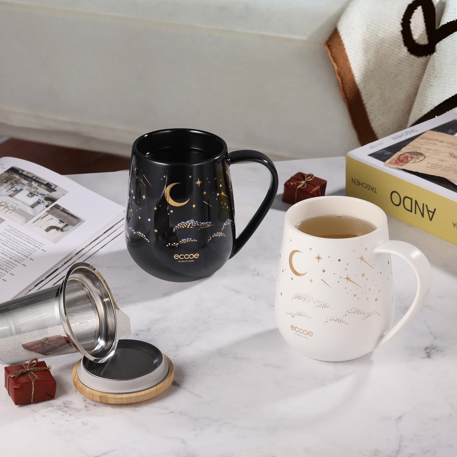 ecooe Teetasse mit Deckel und Sieb - 600 ml Keramik Tee Tasse Große Teetassen mit Edelstahl Teesieb und Deckel, Schwarz Keramik Teebecher Set mit Henkel für Losen Tee
