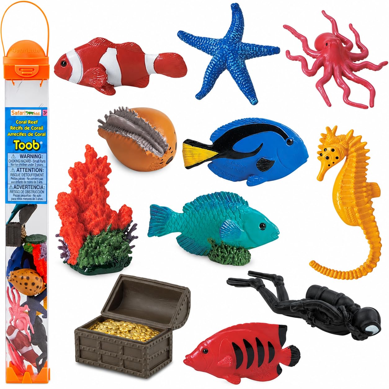 Coral Reef Toob - 11 Marine Life Figurines - Scuba Diver, Fish, Treasure, and More - Educational Toy Set for Boys, Girls, and Kids Ages 3+