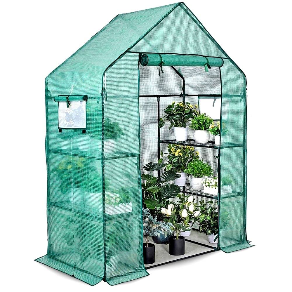 Greenhouse for Outdoors Walk in Greenhouses Heavy Duty with Durable PE Cover, 2 Mesh Windows, 3 Tiers 4 Shelves with Roll-up Zipper Door, Indoor Portable Gardening Plant House 56'' x 29'' x 77'' Green