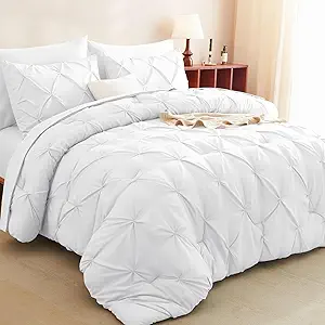 CozyLux King Size Comforter Set White, 7 Pieces Pintuck Bed in A Bag White Comforter King Size, Pinch Pleat Bedding Set with All Season Comforter, Sheets, Pillowcases & Shams