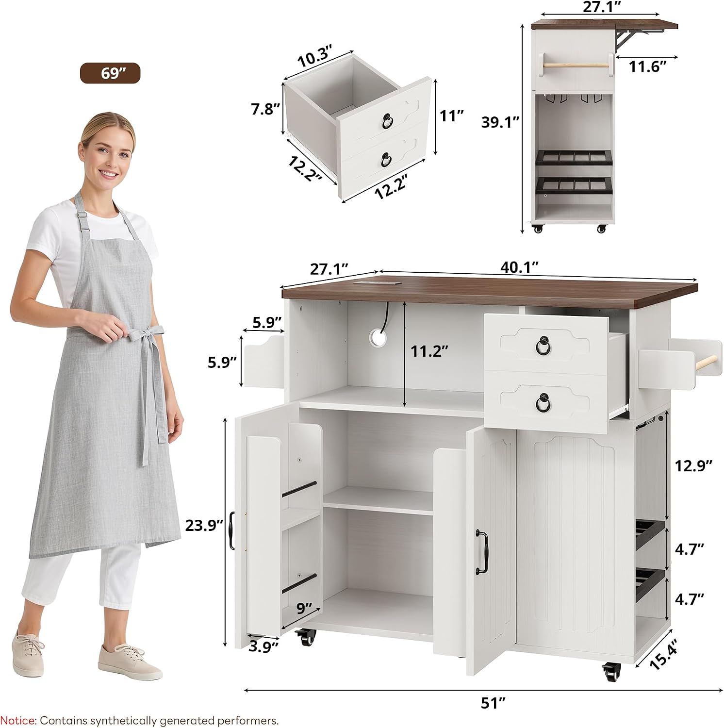 Detailed dimensions of the LIKIMIO Kitchen Island