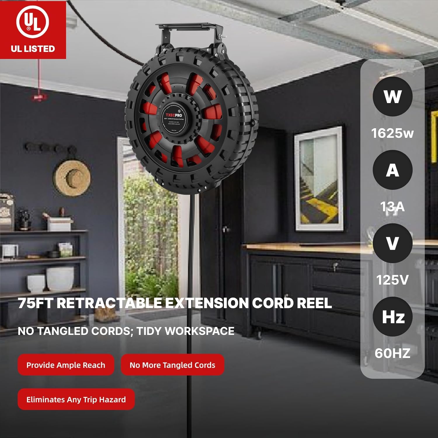 75FT Retractable Extension Cord Reel, 14AWG/3C SJTOW Heavy Duty Power Cord with Lighted Triple Tap Outlet, 13AMP, Swivel Removable Bracket for Wall/Ceiling Mount, UL Listed