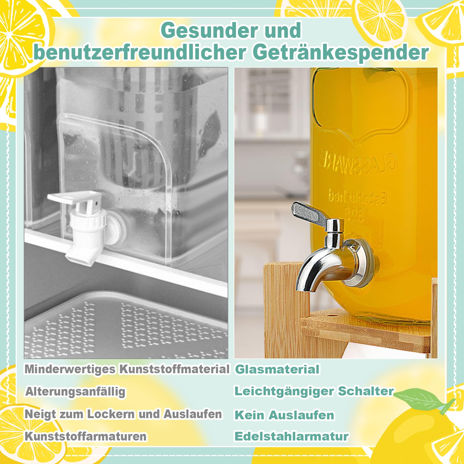 Dispensador de bebidas de 10 L con soporte y tapa, dispensador de limonada con grifo de vidrio de borasilicato resistente al calor con grifo inoxidable para jardín, buffet, fiesta y cocina, bodas