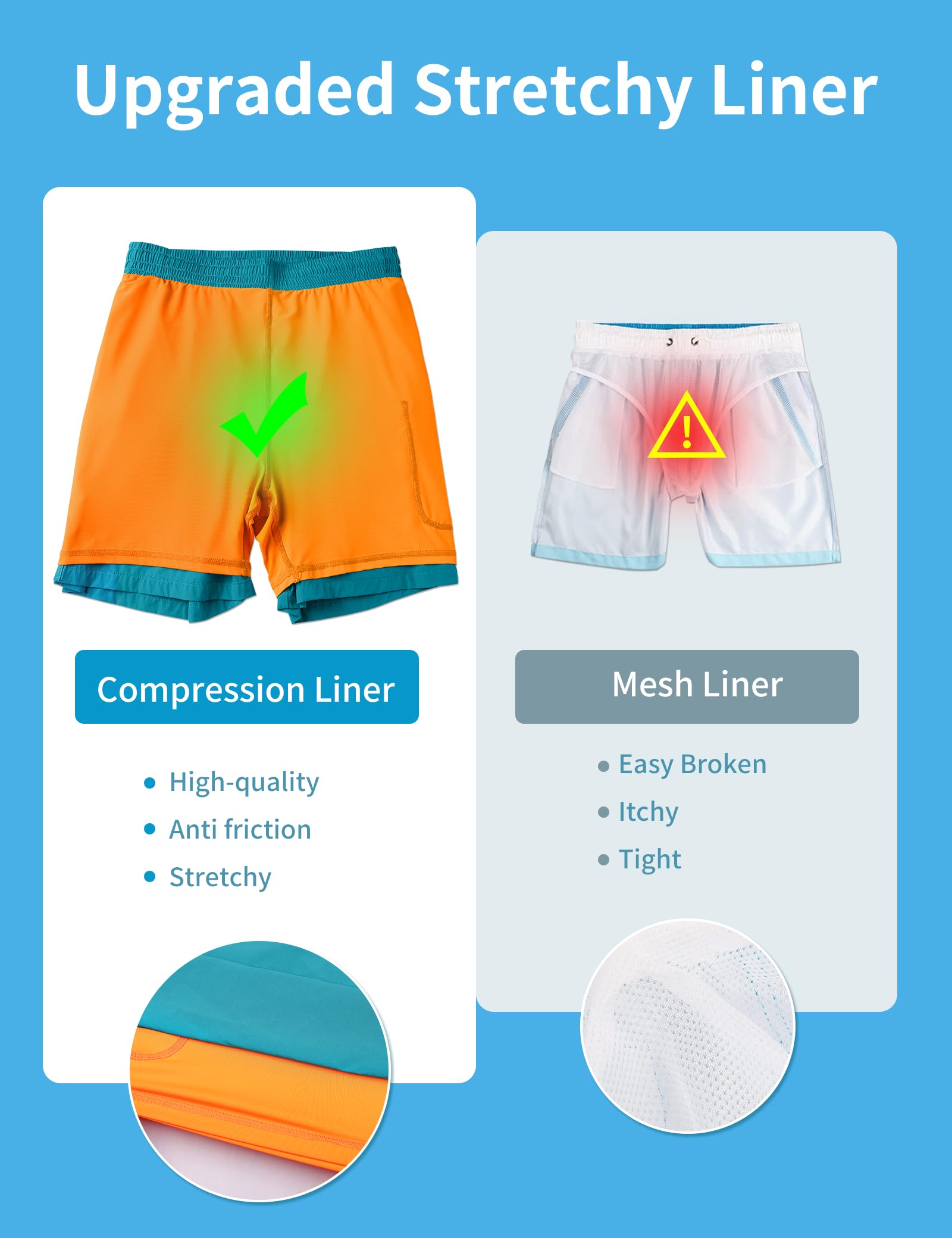 Costume da bagno da uomo, lungo, 2 in 1, con compressione, ad asciugatura rapida, traspirante, con chiusura lampo, coulisse regolabile