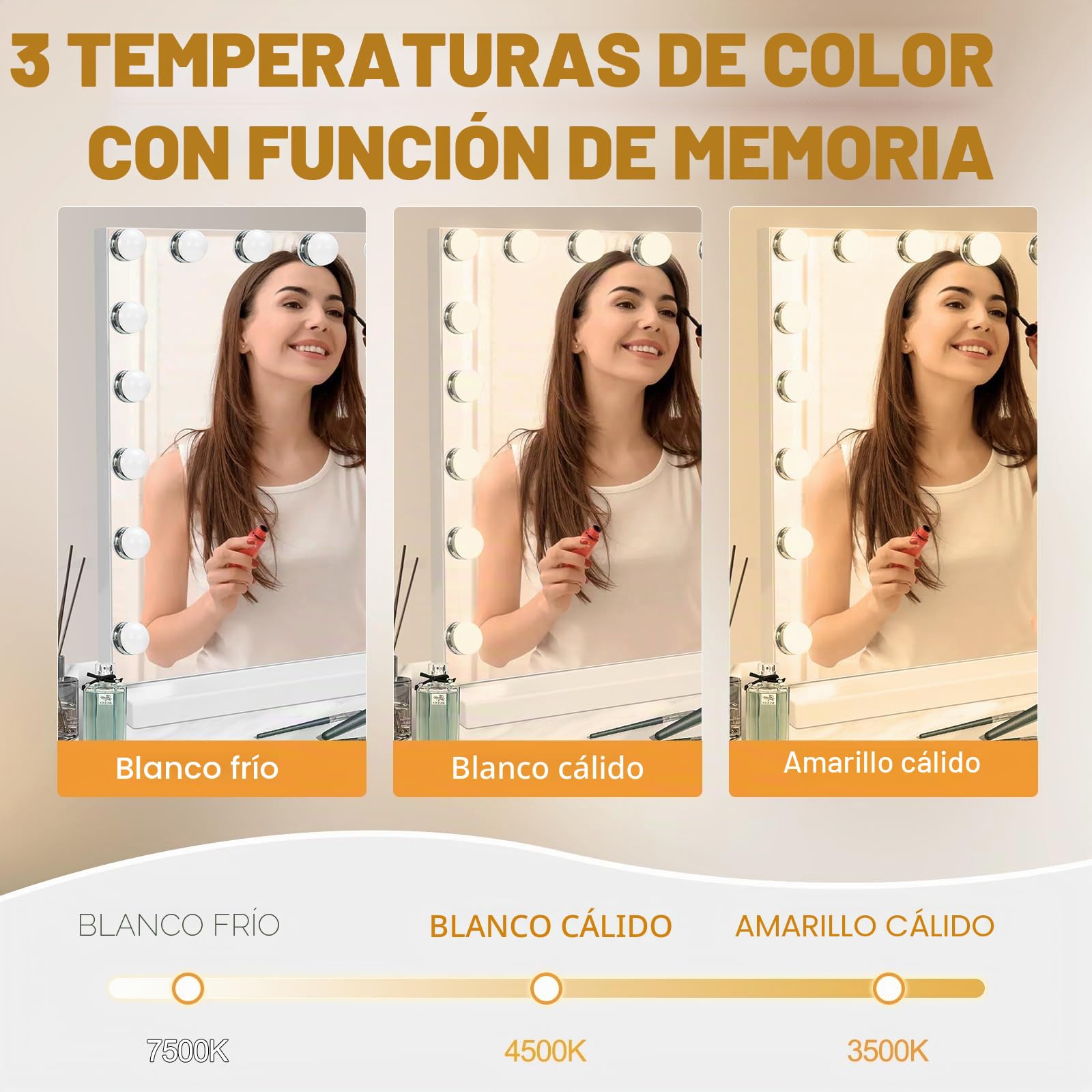 Espejo de Maquillaje con 17 Luces LED Regulables, 3 Modos, Espejo con Función de Memoria, Control Táctil, Montaje en Pared, Cargador USB y Type C, Blanco, 70x57 cm