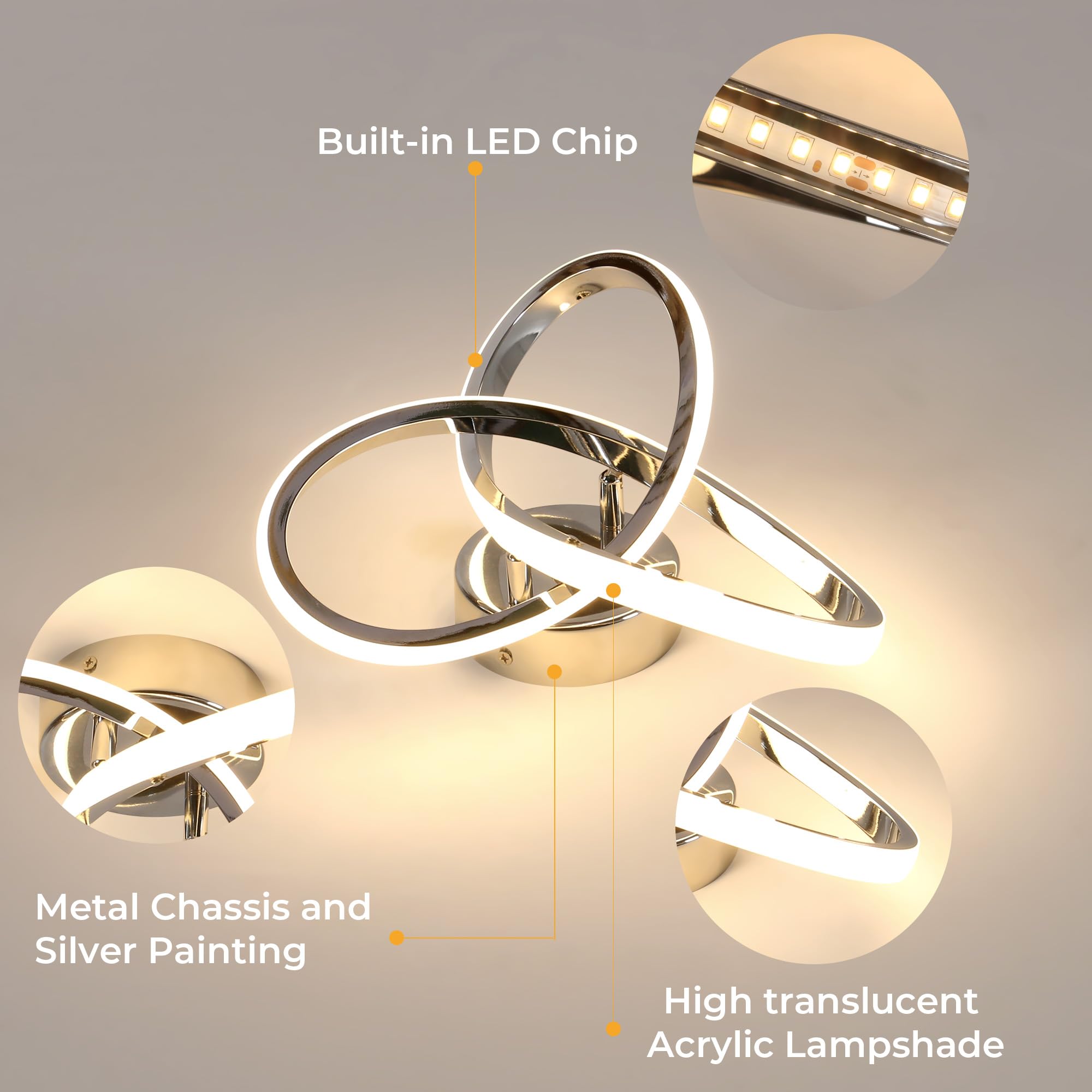 Comely Plafon LED Nowoczesny, Oprawa Sufitowa LED 22W 2475LM Oprawa, Żyrandol Do Korytarza Kuchni Sypialni Jadalni Balkonu, Ciepła Biel 3000K, Srebrny, Średnica 25cm