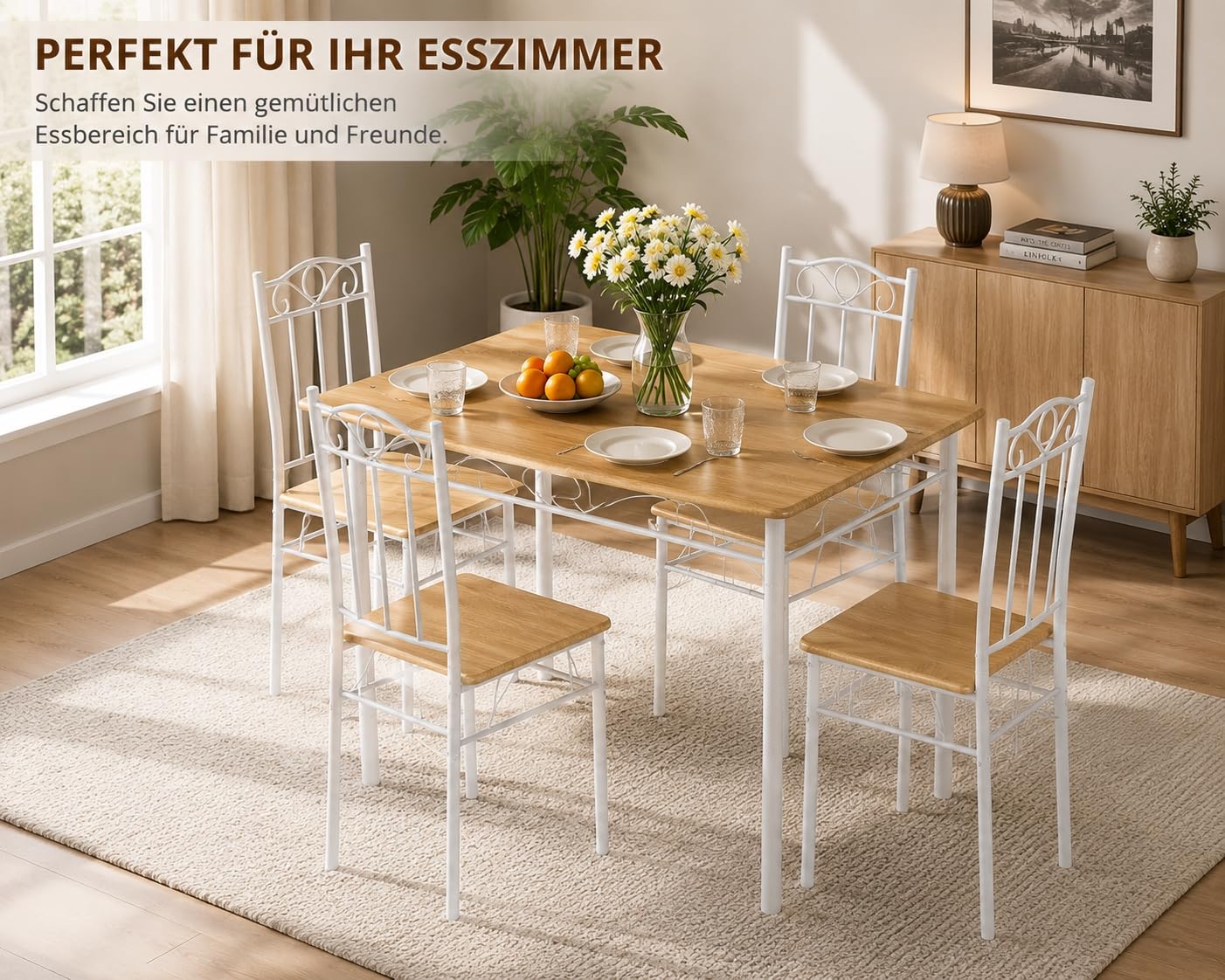 Essgruppe für 4 Personen, 4 Stühle, Esstisch 109x69 cm | 5-teilige Essgruppe mit Metallgestell und Holzoptik, ideal für Küche, Esszimmer, Wohnung und kleine Räume.