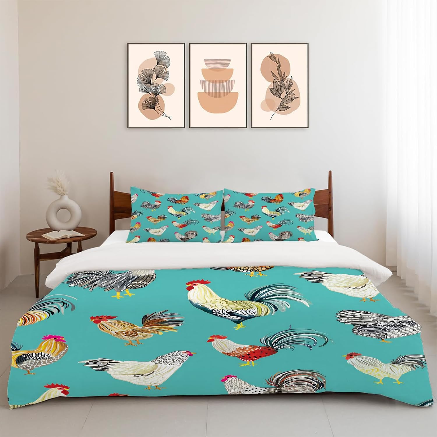 Farmhouse Chicken Theme 3 Pieces Duvet Cover Comforter Set with 2 Pillowcase Queen Size Farm Rooster Bed Sheet Quilt Bedroom Bedding for Lover Kids