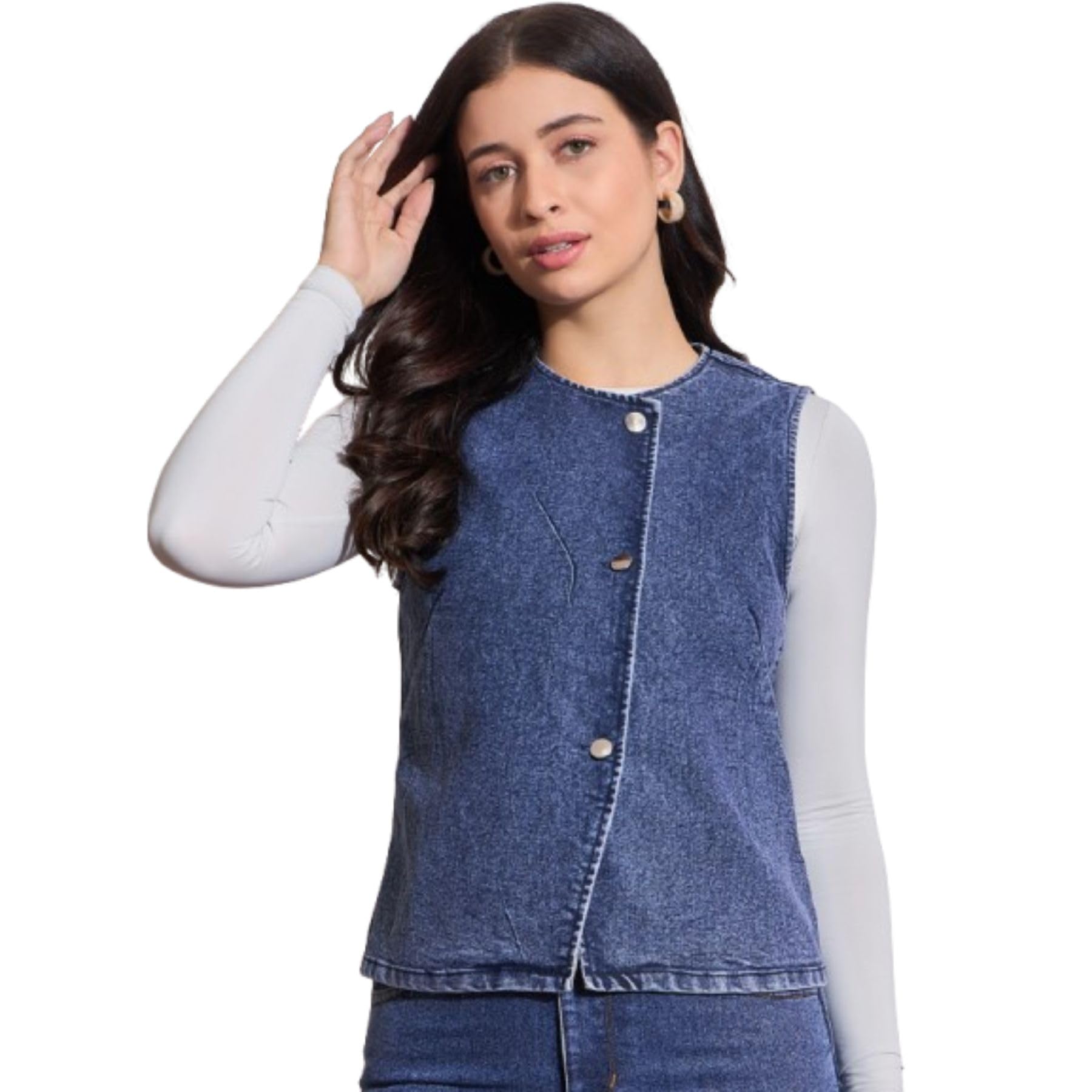 Women's Denim Button-Front Vest, Sleeveless, Navy Blue