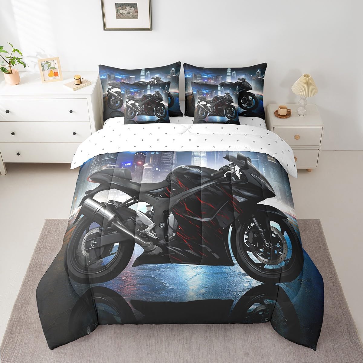 Feelyou Queen Comforter Set 7 Pcs Men Motorcycle Bed in a Bag Cool Black Red Motorbike Comforter Kids Boys Extreme Sports Bedding Set Modern Motocross