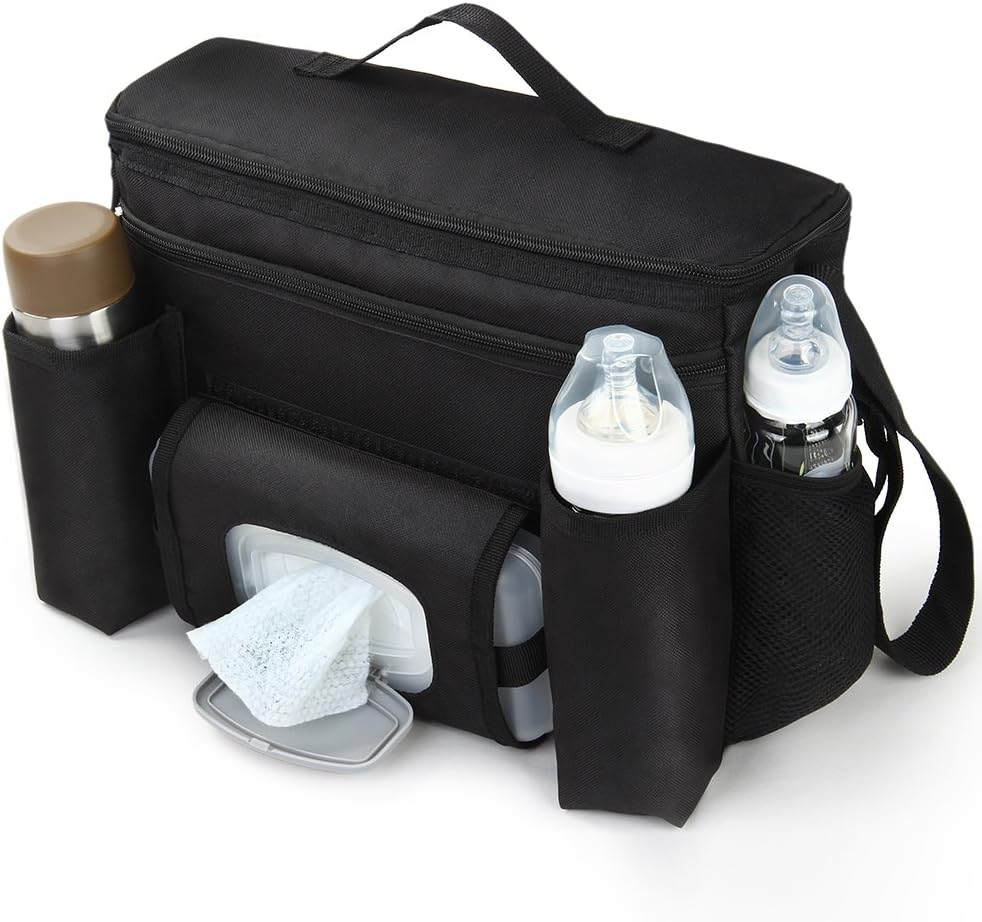 Pram Organiser Buggy Storage Bag for Pushchair | External Tissue Box | Universal All Strollers | Deep Cup Holders | Baby Stroller Organiser Console