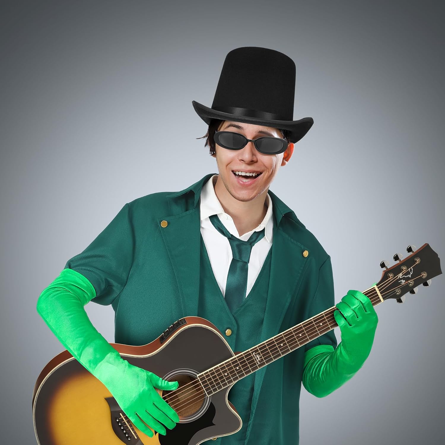 5 Pcs Renaissance Steampunk Tailcoat Men Halloween Costumes Green Tuxedo Top Hat Long Gloves Sunglasses Necktie - Image 4