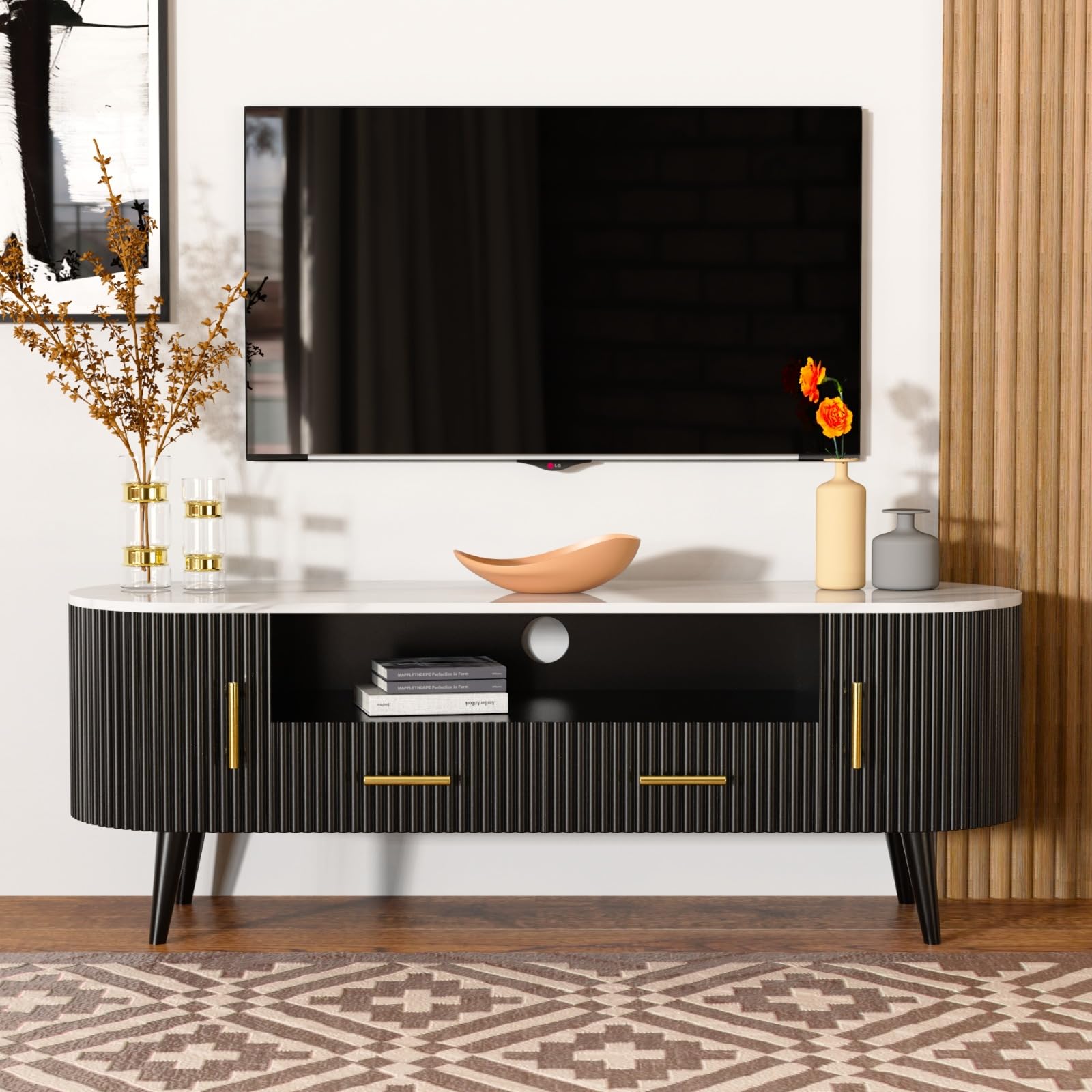 Solid Wood Tv Unit for Living Room 55+ Inch Tv Furniture | Wooden TV Unit Media Console for Bedroom | TV Stand Entertainment Unit with Marble Top (Black)-image-22